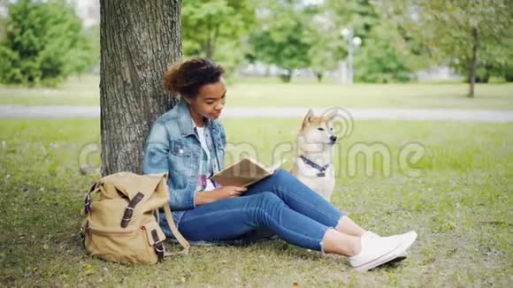 一位年轻的非洲裔美国女士正在公园的草坪上看书用爱和爱抚她的纯种宠物狗视频的预览图