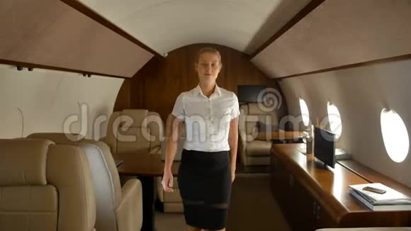 快乐成功的女商人在私人飞机舱跳舞视频的预览图