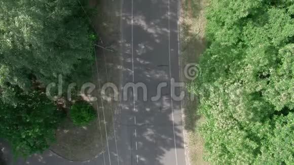 在炎热的夏天在公园的树间为跑步者和自行车在沥青路上缓慢的无人机飞行视频的预览图