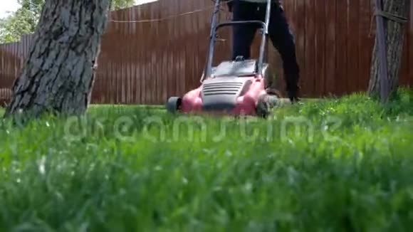 在花园里工作的房主用割草机割草他用电动割草机在院子里割草低角度拍摄视频的预览图