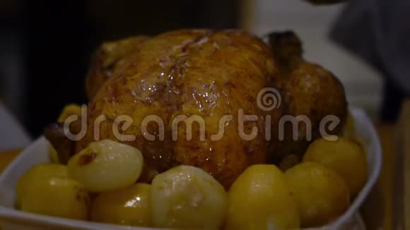 慢动作感恩节准备美味可口的土耳其烤箱烹饪视频的预览图