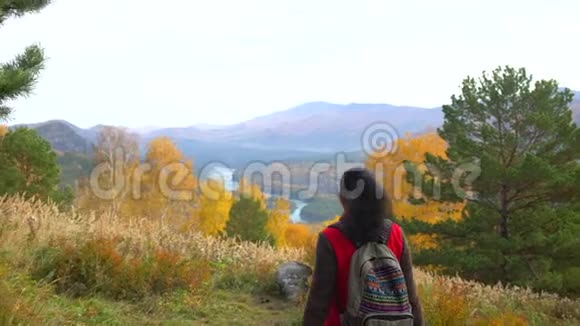 阳光明媚的秋日女游客在秋天的森林里散步徒步旅行者女旅行者在山上徒步旅行欣赏全景视频的预览图