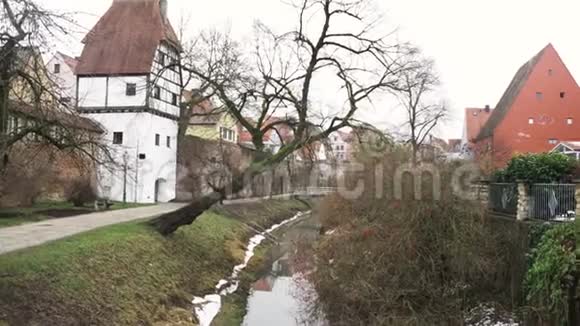 河镇民居泉景渠景艺术河边的小房子上面长满了草和树视频的预览图