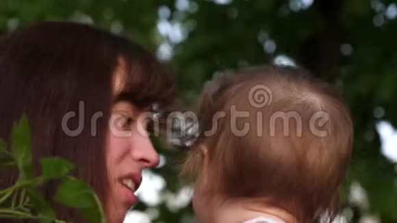 小宝宝坐在妈妈的怀里撕下树枝上的叶子在公园里品尝它们视频的预览图