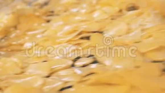 炸在油里的薯片在工厂生产线上移动视频的预览图