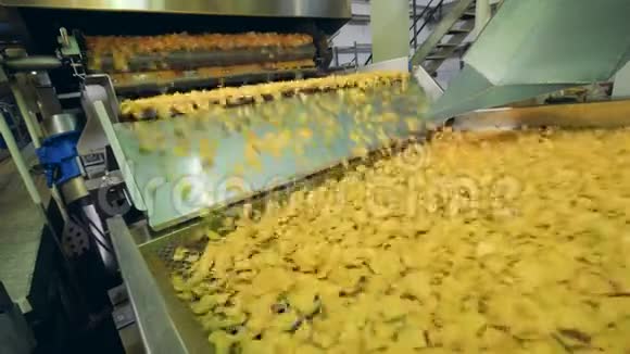 黄屑在工厂煮熟在食品生产输送机上移动视频的预览图