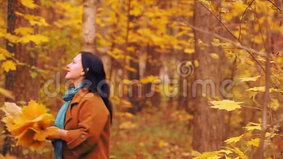 秋天公园里的一位微笑的年轻女子手里拿着枫叶把它们扔了视频的预览图