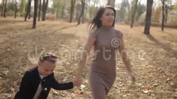 年轻的母亲带着一个小女儿在秋天的公园里散步幸福家庭概念视频的预览图