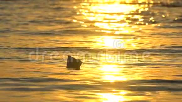 孩子把纸船放进水里在美丽的夕阳下反射太阳男孩子手在海上发射纸船视频的预览图