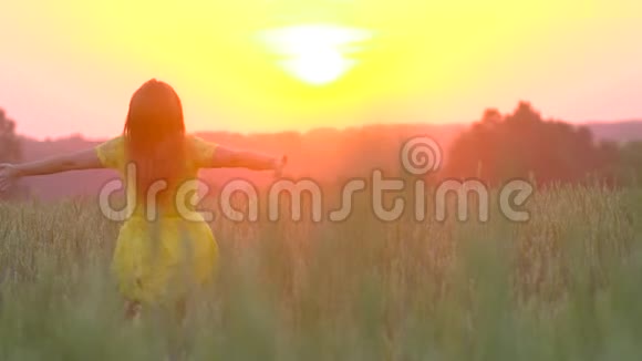 一个年轻的女孩在日落时快乐地跑过一片金色的麦田慢悠悠的动作美女跑黄小麦视频的预览图