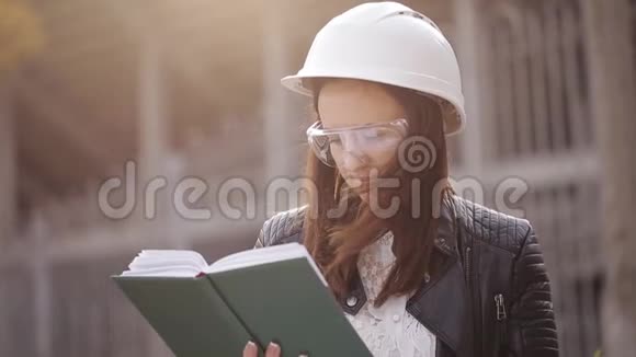 建筑工地上的女学生建筑师检查技术文件并在笔记本上做笔记视频的预览图