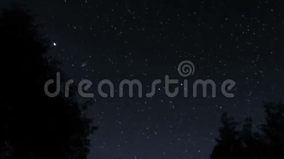 天空中旋转的星星的时间线与树的轮廓前景视频的预览图