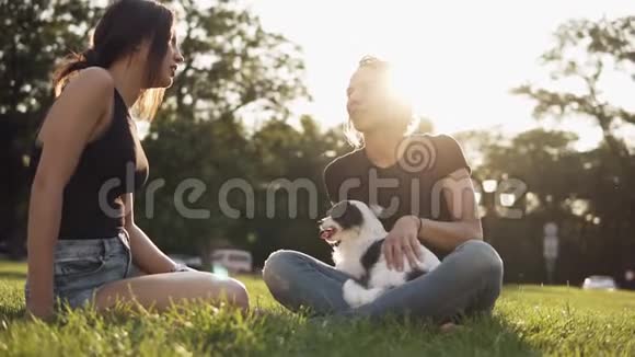 漂亮的女孩和一只狗玩和她的女朋友坐在草地上动物宠物朋友情感美丽美丽视频的预览图