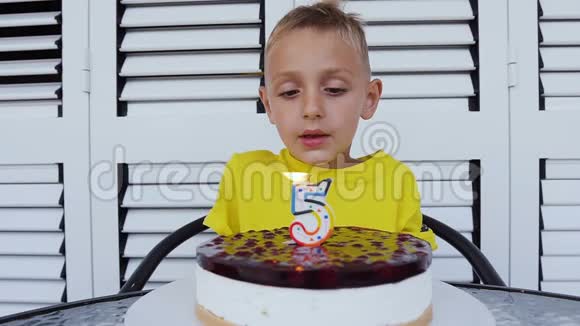漂亮的小男孩许愿过生日在他出生的那天在室内吹蜡烛视频的预览图