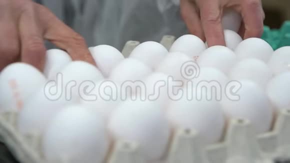 工厂员工正在把白蛋包装成纸箱托盘慢动作视频的预览图