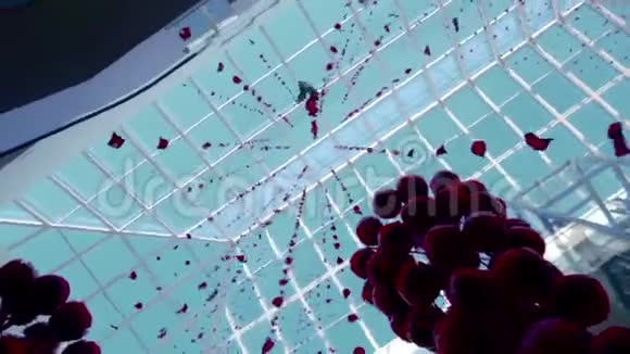 红黄亮珠装饰挂在垂直伸展的绳索在商场中国新年红羊座视频的预览图
