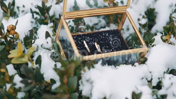 婚礼戒指在雪地里的玻璃盒子里视频的预览图