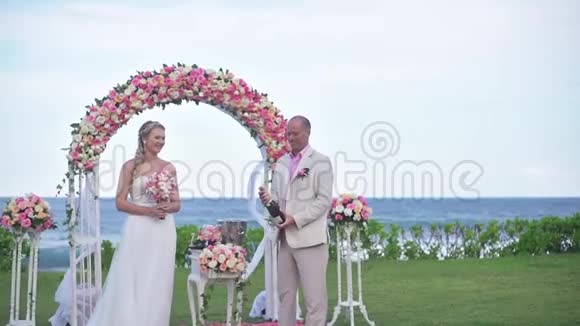 新婚夫妇刚刚结婚美丽的蓝海白色的海滩夏威夷视频的预览图