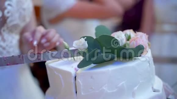 新娘切婚礼蛋糕特写视频的预览图