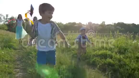 欢乐的孩子和十几岁的女孩手里拿着风车在河边的绿色草地上奔跑视频的预览图