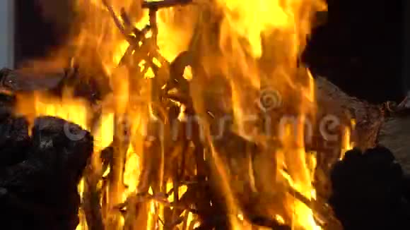 在烤架上烧木头时会有明亮的火焰视频的预览图