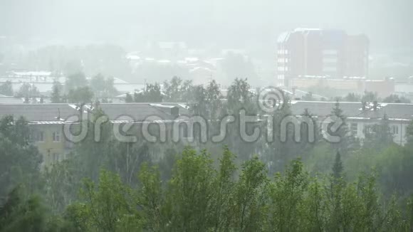 城市里的夏季大雨绿色树木和房屋屋顶的俯视图4K视频视频的预览图