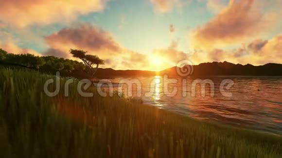 一对夫妇享受日落美丽的绿色草地和被群山环绕的湖泊视频的预览图