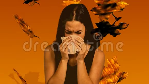 秋天落叶和女孩打喷嚏同时患有过敏症视频的预览图