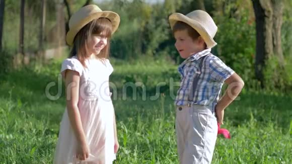 孩子们的秘密小男孩对女孩耳语在夏天的公园里把花背在背后视频的预览图