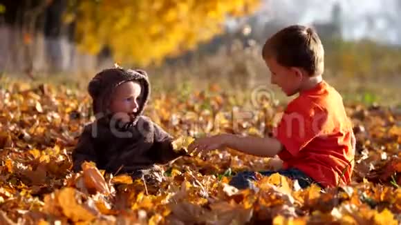 快乐的兄弟们坐在秋天的树叶上玩树叶玩具熊的服装视频的预览图