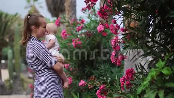母亲对孩子玩拥抱和亲吻婴儿周围棕榈树与花在度假胜地幸福家庭视频的预览图