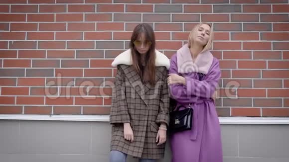 两个时髦的女孩在外面的砖墙上摆姿势美丽的外观城市模特视频的预览图