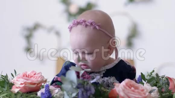 婴儿时代小女孩坐在花丛中装饰着照片拍摄视频的预览图