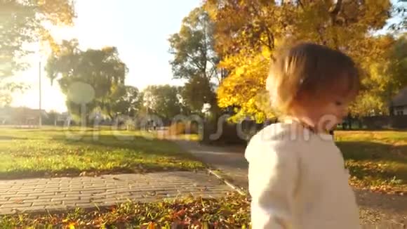 小孩子在秋天的公园里草坪和干草上跑步快乐的小宝宝晚上在街上散步视频的预览图