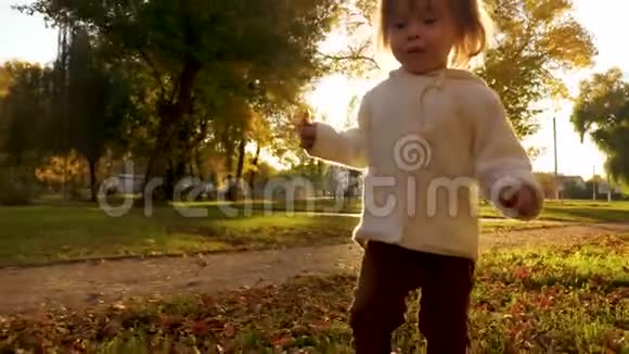 快乐的小宝宝晚上在街上散步小孩子在草坪和干草上的秋天公园跑步视频的预览图