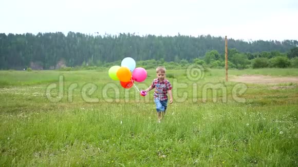 开心的小宝贝开心的拿着气球到处跑户外娱乐活动庆祝和乐趣孩子生日视频的预览图