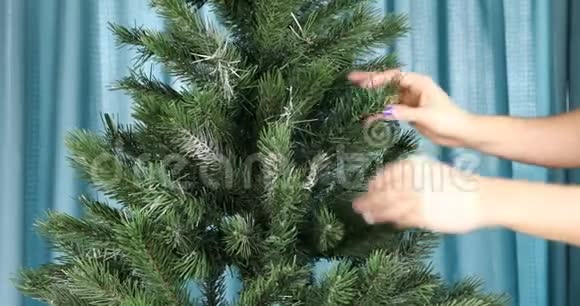 手指统治着房子里的人造圣诞树视频的预览图