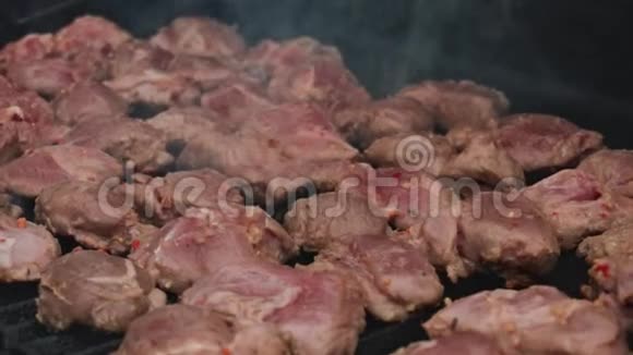 在露天烧烤的烤架上缓慢地烤制出一片带有调味料和香料的猪肉牛肉传统视频的预览图