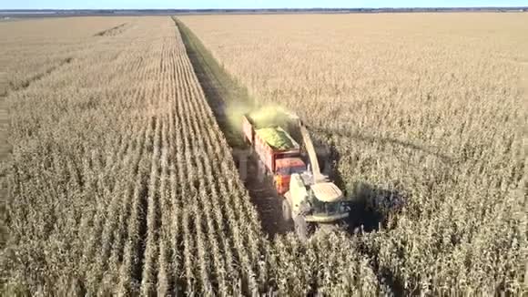 天桥挂在玉米收割机上在田野上铺上宽阔的跑道视频的预览图