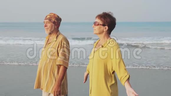 一对老年夫妇在海滩上练习瑜伽视频的预览图
