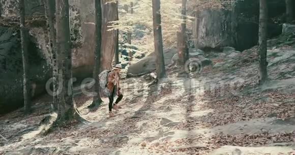 女旅行者戴着帽子和背包在森林里奔跑环顾四周视频的预览图