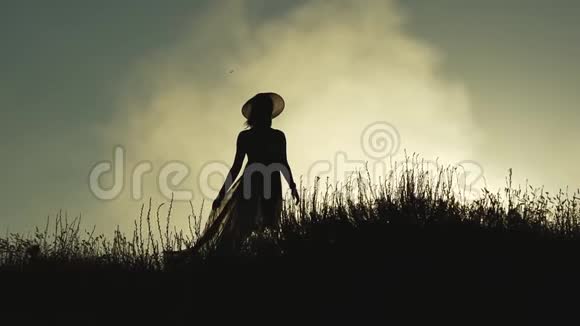 日落时的女孩在田野里散步慢动作剪影视频的预览图