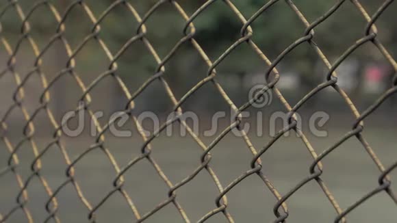 近景青年手摇金属网在围栏地区无助的人在摇动金属栅栏视频的预览图