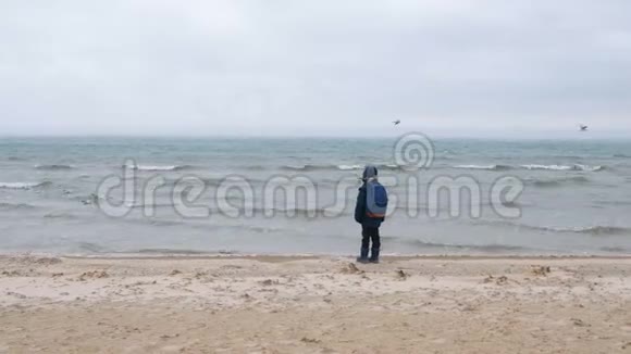 男孩正走在海沙滩上冬天后景海滩上沙雪风暴的美丽景色视频的预览图