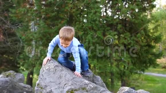 孩子在秋园好玩的玩耍嬉笑走在清新的空气中他喜欢爬大石头视频的预览图