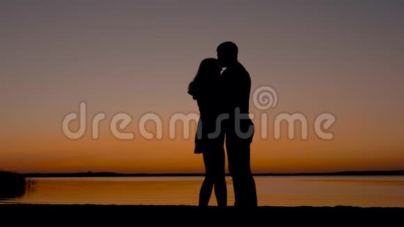 在沙滩上的夕阳下爱夫妻亲吻拥抱视频的预览图