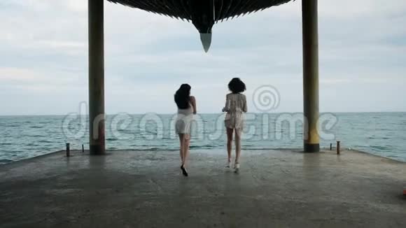 两个女孩正向大海跑去视频的预览图
