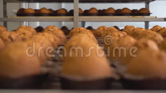 新鲜出炉的饼干面团巧克力松饼制作松饼食品工业背景烹饪视频的预览图