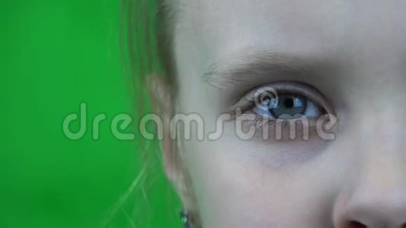 把女孩的眼睛眨在绿色背景上视频的预览图