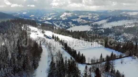 空中观景双项全能山区的冬季运动乌克兰喀尔巴阡山脉越野滑雪视频的预览图